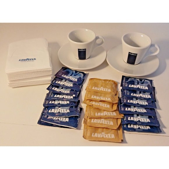LAVAZZA Espresso Cups and Saucers Lot of 2 with Napkins and Sugar Packets Italy - Picture 1 of 10